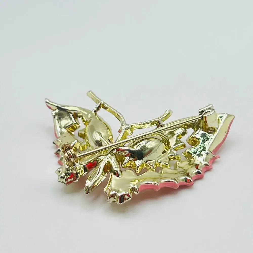 Vintage Pink Enamel Butterfly Brooch Pink Rhinestone 1.75